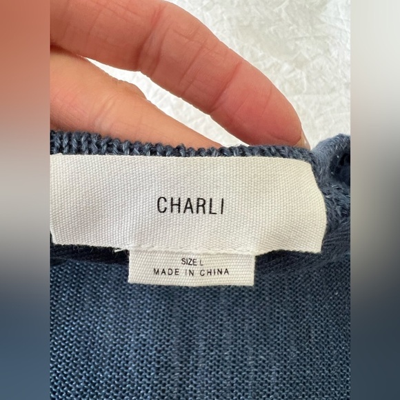 CHARLI LONDON | Women’s SZ L | Open Knit Blue Linen Top | High Low Hem EUC - Picture 9 of 11